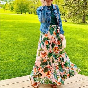 Tropical Pink Green Floral Maxi Skirt